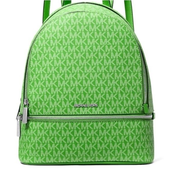 New Michael Kors Rhea Medium Signature Logo Backpack Jungle Green - Picture 1 of 4